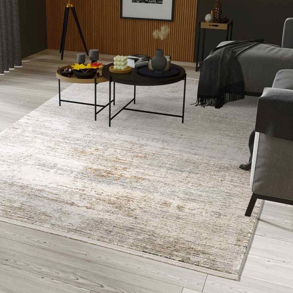 Moderner Teppich in creme-grau mit 3D-Effekt. Der Teppich hat verschiedene Größenoptionen von 80 x 150 cm bis 240 x 340 cm. Er kostet 760,00 € inkl. MwSt.