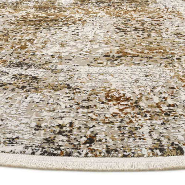 Runder, seidig glänzender Vintage-Designerteppich in einem Beige-Mix mit marokkanischem Muster. Der Teppich hat einen Durchmesser von 160 cm und wird zu einem Preis von 499,00 € angeboten.