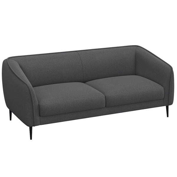 Graues Sofa mit abgerundeten Armlehnen und zwei Polsterkissen auf den Sitzflächen steht auf schmalen, schwarzen Beinen. Es eignet sich für individuelle Anpassungen und ist als Wunschsofa erhältlich.
