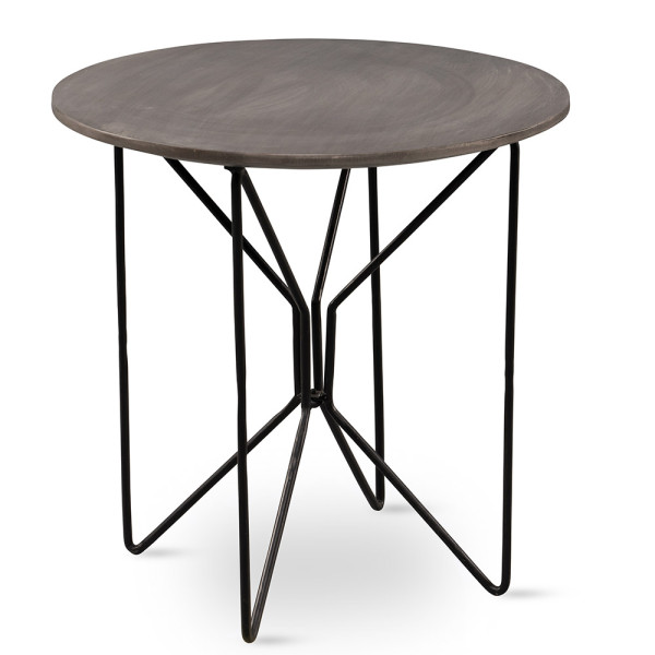 Runder Beistelltisch in Schwarz mit einem schlichten Holzoberteil und einem stabilen, geometrischen Metallgestell. Der Tisch eignet sich gut für moderne Wohnräume.
