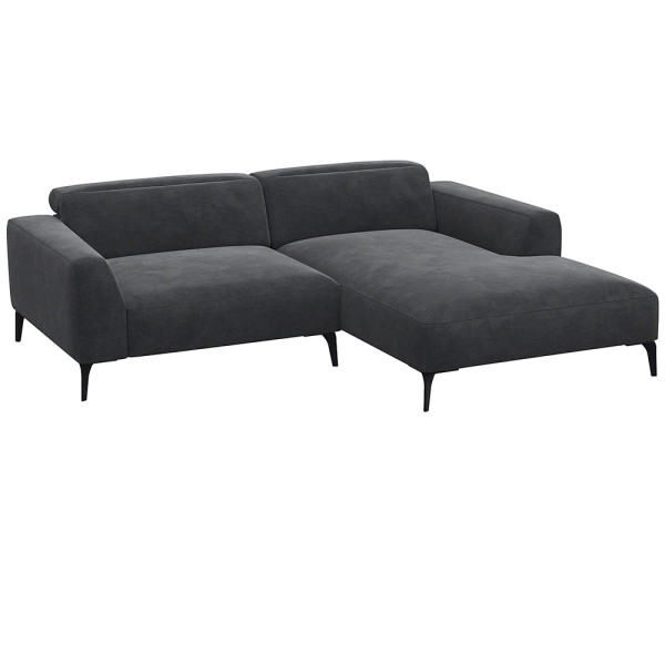Beige Chaiselongue-Sofa mit klaren Linien und niedrigem Rücken, bestehend aus strapazierfähigem Material. Es bietet eine geräumige Liegefläche und elegante, schwarze Beine.