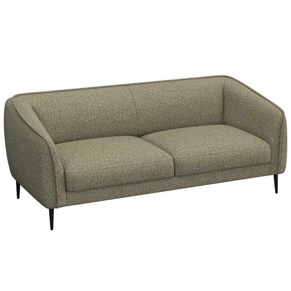 Graues Sofa mit abgerundeten Armlehnen und zwei Polsterkissen auf den Sitzflächen steht auf schmalen, schwarzen Beinen. Es eignet sich für individuelle Anpassungen und ist als Wunschsofa erhältlich.