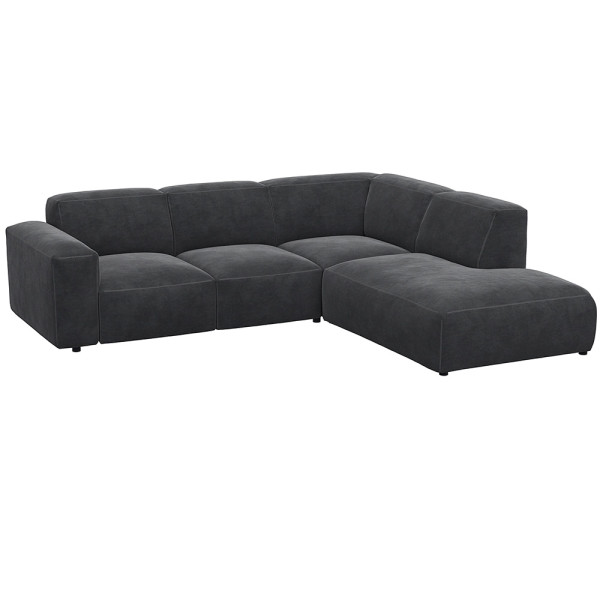 Graues, modulares Sofa LUCERA mit offener Ecke steht dekorativ. Es bietet bequeme Sitzmöglichkeiten und passt sich dem Raumdesign an. Ideal für eine stilvolle Inneneinrichtung.