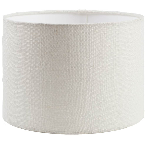 Weißer Lampenschirm aus Leinen mit zylindrischer Form steht auf einem neutralen Hintergrund. Der Lampenschirm eignet sich als stilvolle Ergänzung für die Inneneinrichtung.