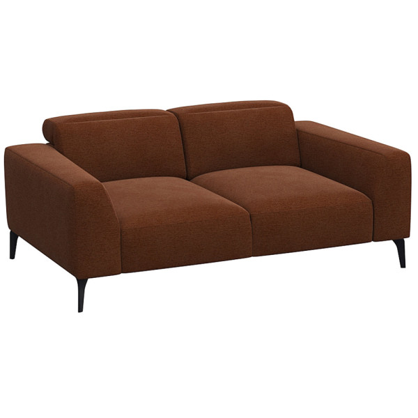 Schwarzes Sofa VOLUZZI mit modernen Designs, zwei Sitzflächen und geraden Armlehnen steht auf schmalen Füßen. Es ist für individuelle Gestaltung und hochwertige Materialien konzipiert.