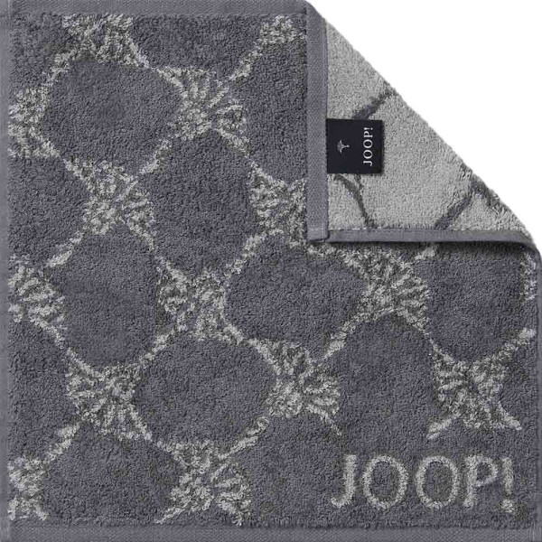 Graues Frottee-Seiftuch mit einem floralen Muster. Das Design zeigt ein geschmackvolles, modernes Erscheinungsbild. An einer Ecke ist das Logo 