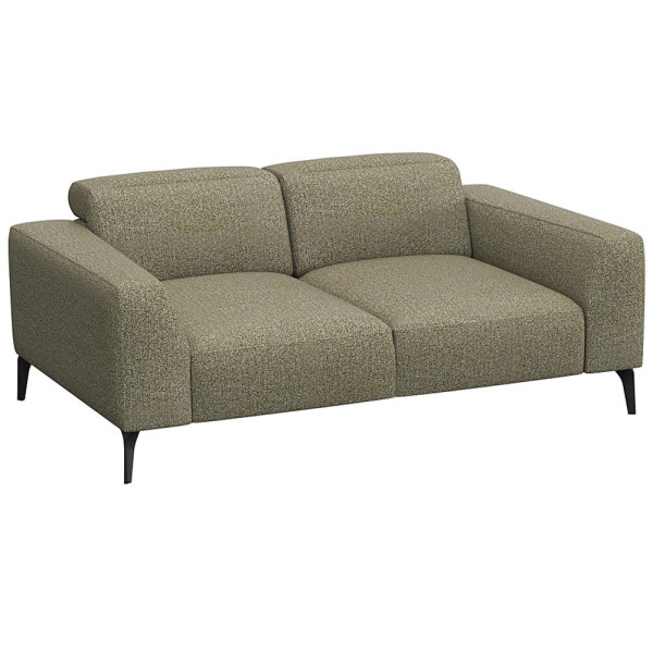Schwarzes Sofa VOLUZZI mit modernen Designs, zwei Sitzflächen und geraden Armlehnen steht auf schmalen Füßen. Es ist für individuelle Gestaltung und hochwertige Materialien konzipiert.