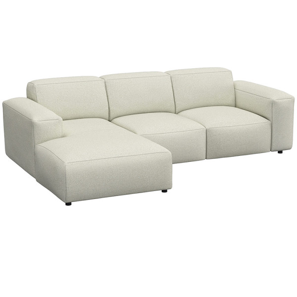 Graues Sofa LUCERA mit Chaiselongue. Es besteht aus hochwertigen Materialien und bietet eine moderne, komfortable Sitzgelegenheit für Wohnzimmer. Das Design ist geradlinig und ansprechend.