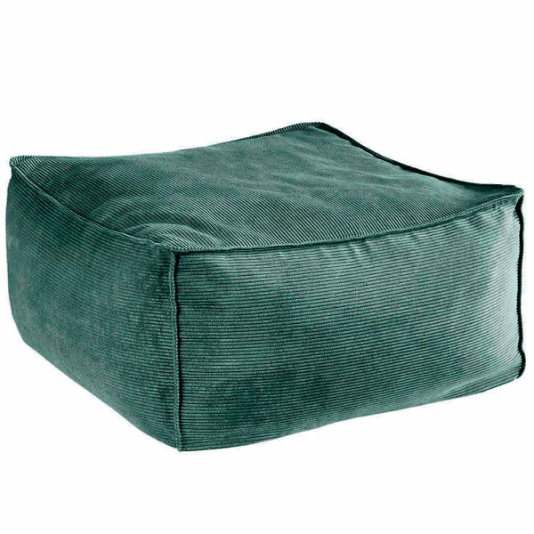 Weicher Cordhocker Noppa in petrolfarbenem Stoff steht quadratisch. Die Kanten sind leicht abgerundet, das Material hat eine feine Struktur. Ideal als Sitzgelegenheit oder Fußstütze.