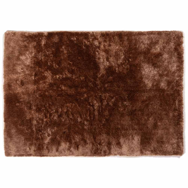 Hochflor-Teppich in brauner Farbe liegt auf einem Boden. Der Teppich zeigt eine weiche, flauschige Textur und hebt sich deutlich vom Untergrund ab. Er ist in einem eleganten Design konzipiert.