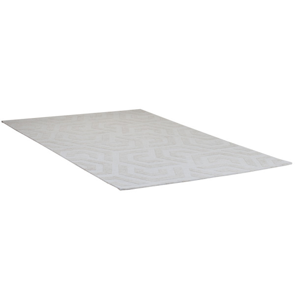 Teppich Metrix in hellem Beige zeigt ein geometrisches Design in verschiedenen Formen. Er hat die Maße 155 x 230 cm und ist für 249,00 € erhältlich.