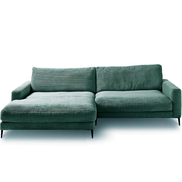 Cordsofa Uptown ST2 in der Farbe Cord petrol, mit einer linken Chaiselongue. Es hat eine moderne, gestreifte Textur und bietet Platz für mehrere Personen.