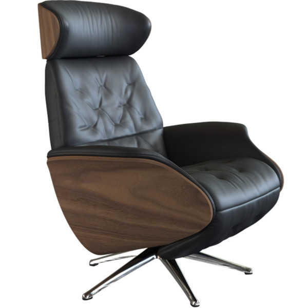 Relaxsessel Volden in schwarz mit Holz-Korpus und einem gepolsterten, hohen Rückenteil. Der Sessel bietet Komfort und Stil für verschiedene Wohnräume.