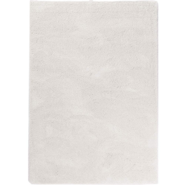 Weißer, hochfloriger Teppich mit samtiger Oberfläche liegt flach auf dem Boden. Die Struktur zeigt weiche, dichte Fasern. Der Teppich eignet sich für individuelle Maßanfertigung und ist in verschiedenen Farben erhältlich.