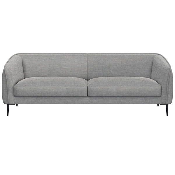 Graues Sofa mit abgerundeten Armlehnen und zwei Polsterkissen auf den Sitzflächen steht auf schmalen, schwarzen Beinen. Es eignet sich für individuelle Anpassungen und ist als Wunschsofa erhältlich.