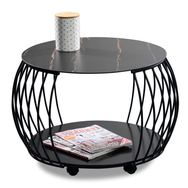 Runder Couchtisch Macau mit schwarzem Tischplatte und dekorativen, korbartigen Beinen. Der Tisch bietet zusätzlichen Stauraum auf der unteren Ablage. Er hat die Maße 60 cm Durchmesser.