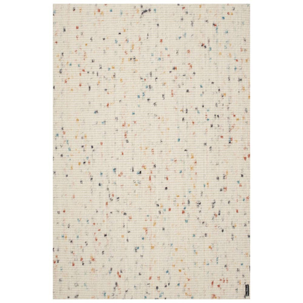 Weißer Webteppich mit bunten, farbigen Punkten in unterschiedlichen Größen. Der Teppich liegt flach auf einem hellen Untergrund und zeigt eine strukturierte Oberfläche aus Schurwolle.
