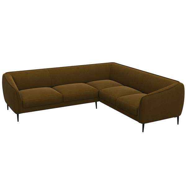 Ecksofa BELLE in hellem Stoff mit gepolsterten Sitzflächen und schmalen schwarzen Beinen. Das Sofa bietet modernen Komfort und lädt zum Entspannen ein.