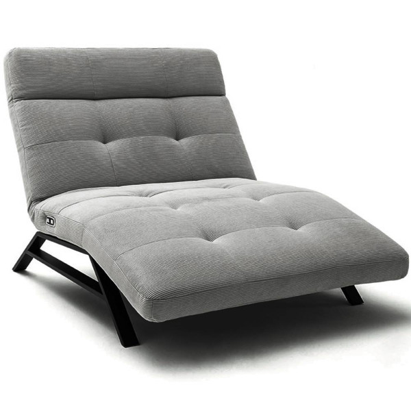 Moderne Relaxliege Riviera in grauem Feincord mit einem Motor auf einem schwarzen Holzgestell. Die Liege bietet eine bequeme Möglichkeit zum Entspannen und Ausruhen.