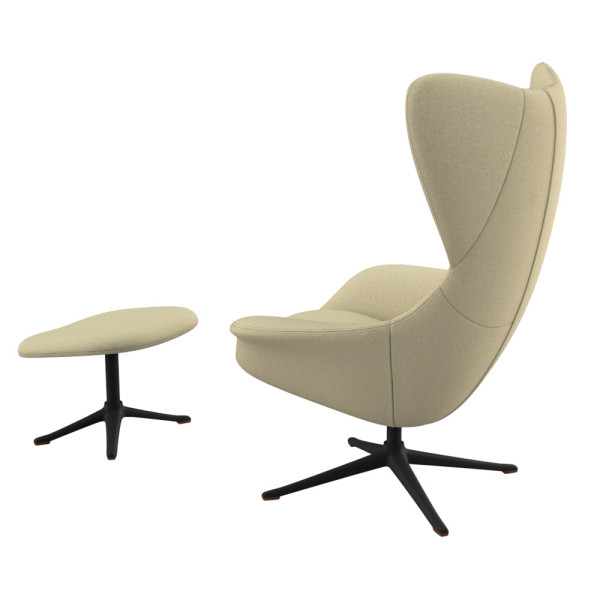 Beige Relaxsessel Stilo steht auf einem schmalen Metallfuß. Die geschwungene Form bietet Komfort und elegantes Design für Wohnzimmer oder Büros. Erhältlich für 1.119,00 €.