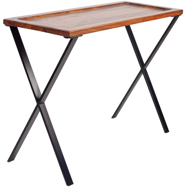 Moderner Konsolentisch aus Massivholz mit einem rechteckigen Holztablett und metallischen X-förmigen Beinen. Der Tisch kostet 249,00 € und ist sofort versandfertig.