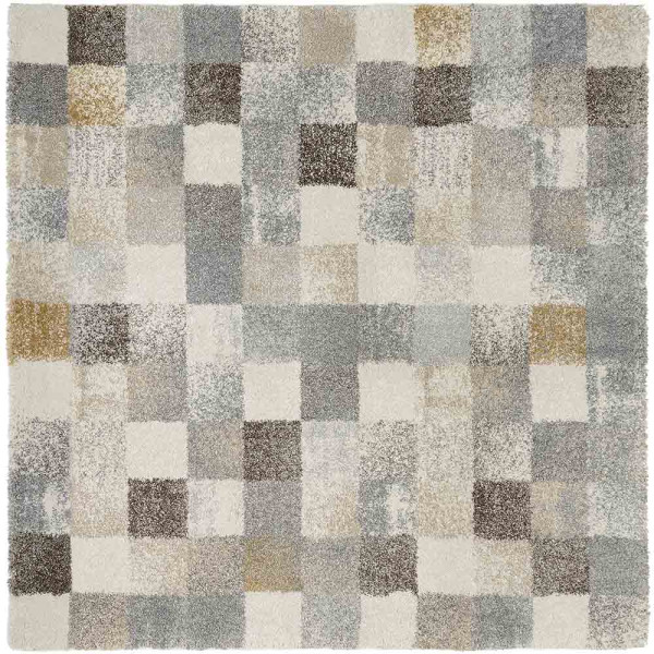 Hochflor-Teppich New Villa Squares mit einem karierten Muster in Grau- und Cremetönen, geeignet zur Dekoration von Wohnräumen. Er ist in verschiedenen Größen erhältlich.