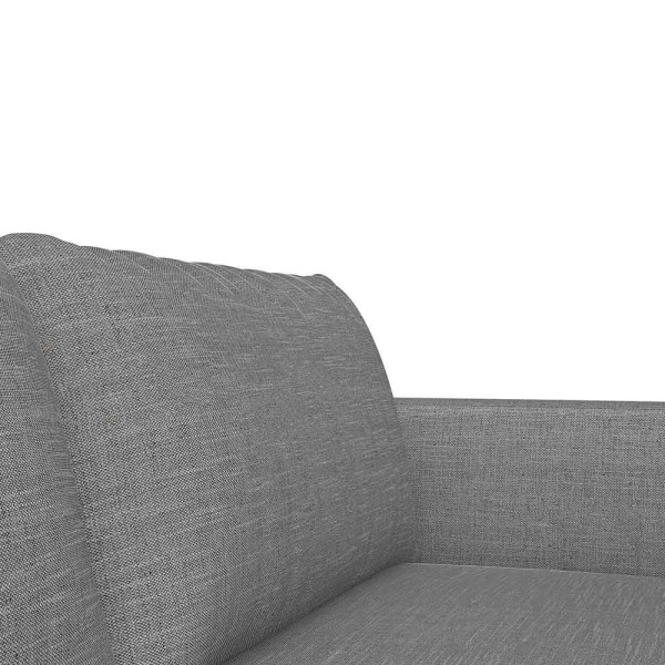 Graues Sofa mit zwei breiten Kissen und schmalen Armlehnen steht auf schlanken, schwarzen Beinen. Das Design ist modern und schlicht, geeignet für verschiedene Wohnstile.
