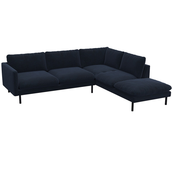 Grau, modernes Ecksofa BOLZANO mit offenem Ende steht auf schwarzen Metallbeinen. Es besitzt große, weiche Kissen und bietet Platz für mehrere Personen. Ideal für ein gemütliches Wohnzimmer.