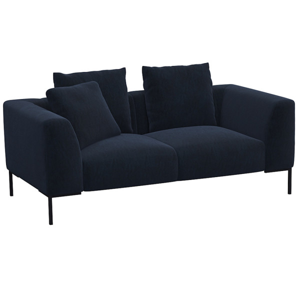 Helles, modernes Sofa in hellbeiger Farbe mit zwei Kissen. Es hat eine schlichte, rechteckige Form und steht auf schwarzen Beinen. Die Oberfläche wirkt einladend und bequem.