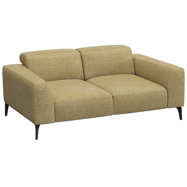 Schwarzes Sofa VOLUZZI mit modernen Designs, zwei Sitzflächen und geraden Armlehnen steht auf schmalen Füßen. Es ist für individuelle Gestaltung und hochwertige Materialien konzipiert.