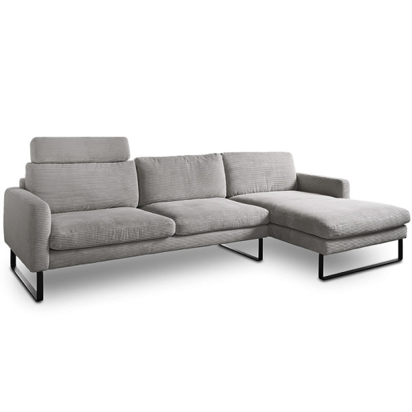 Graues Cordsofa Ricadi mit einer modernen Polstergarnitur und Stahl-Wellenunterfederung. Das Sofa bietet eine großzügige Sitzecke und komfortable Rückenkissen an.