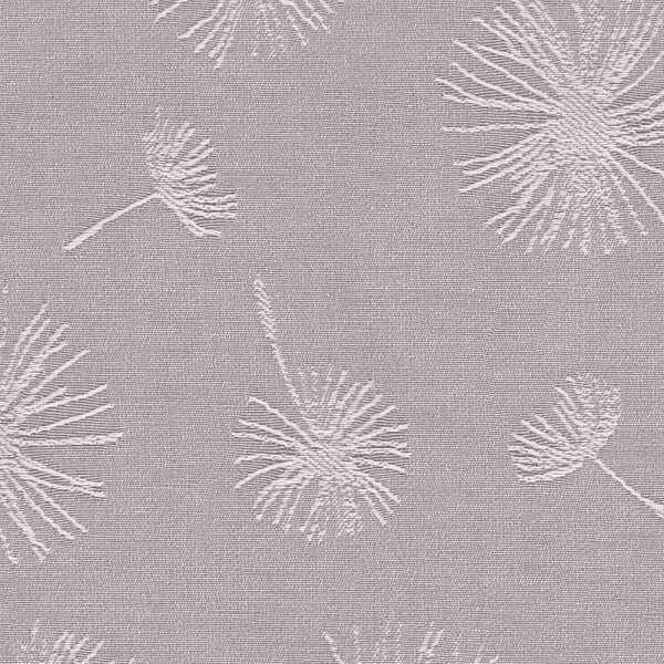 Heller Vorhangstoff in Taupe mit floralem Muster, das aus weißen Pusteblumen besteht. Der Stoff ist blickdicht und kann individuell konfektioniert werden.