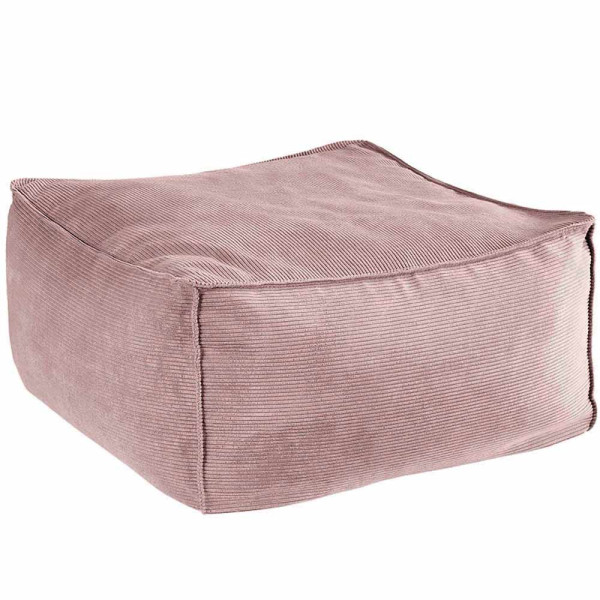 Weicher, quadratischer Cordhocker in sanfter rosa Farbe mit abgestepptem Bezug. Der Hocker hat eine praktische Höhe und ist für vielfältige Sitzmöglichkeiten geeignet.