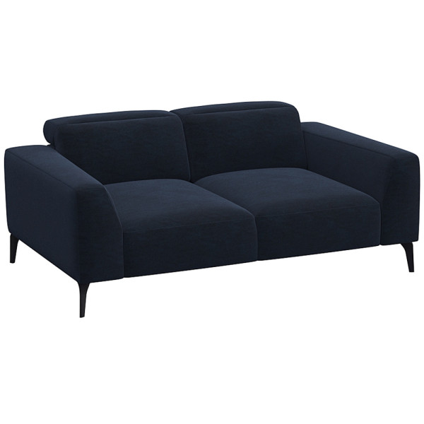 Schwarzes Sofa VOLUZZI mit modernen Designs, zwei Sitzflächen und geraden Armlehnen steht auf schmalen Füßen. Es ist für individuelle Gestaltung und hochwertige Materialien konzipiert.