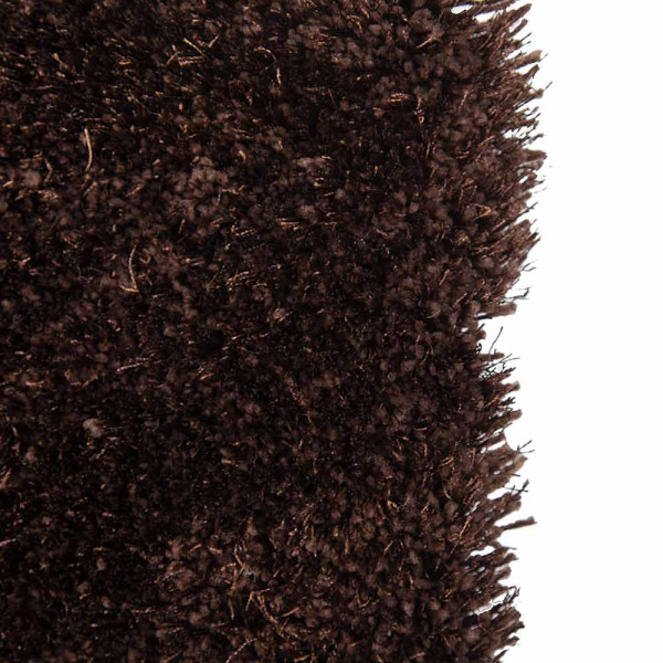 Dunkelbrauner, hochfloriger Teppich liegt flach auf dem Boden. Die weichen Fasern sind dicht und wirken einladend, ideal für gemütliche Räume.