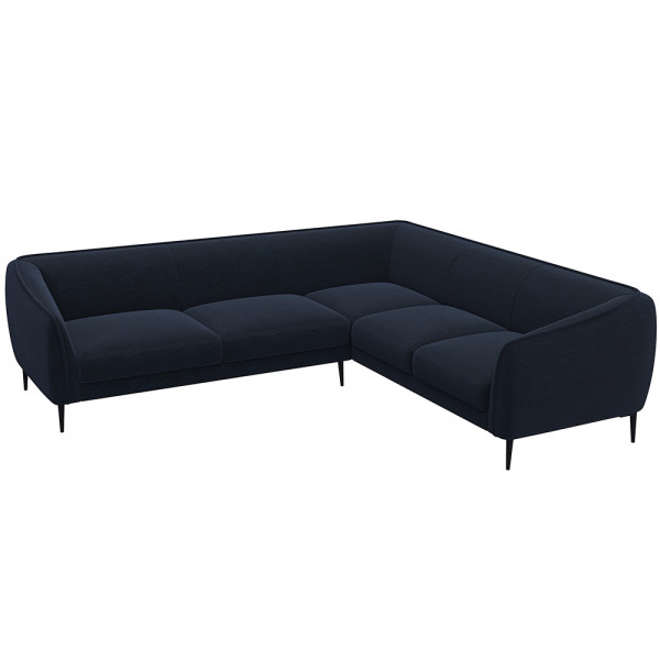 Ecksofa BELLE in hellem Stoff mit gepolsterten Sitzflächen und schmalen schwarzen Beinen. Das Sofa bietet modernen Komfort und lädt zum Entspannen ein.