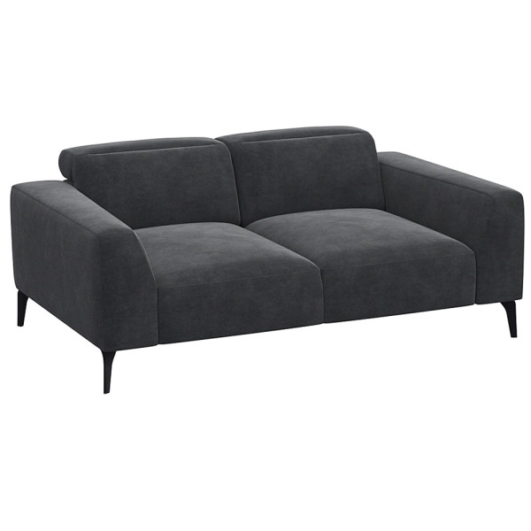 Schwarzes Sofa VOLUZZI mit modernen Designs, zwei Sitzflächen und geraden Armlehnen steht auf schmalen Füßen. Es ist für individuelle Gestaltung und hochwertige Materialien konzipiert.