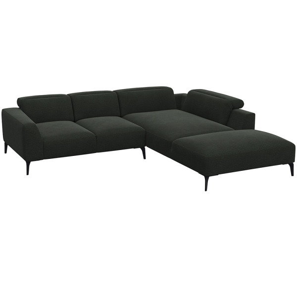 Graues Ecksofa aus hochwertigem Material mit offenen Enden und modernen, schlanken Beinen. Es bietet komfortable Sitzfläche und hohe Rückenkissen für optimalen Sitzkomfort.