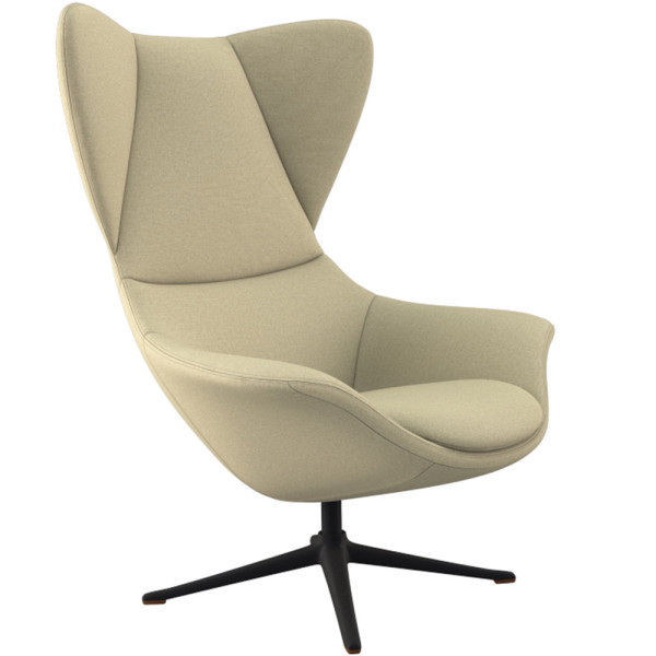 Beige Relaxsessel Stilo steht auf einem schmalen Metallfuß. Die geschwungene Form bietet Komfort und elegantes Design für Wohnzimmer oder Büros. Erhältlich für 1.119,00 €.