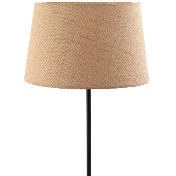 Ovaler Lampenschirm aus natürlichem Jute in hellbrauner Farbe steht auf einem Tisch. Der Lampenschirm hat einen Durchmesser von 33 cm und eine runde Form.