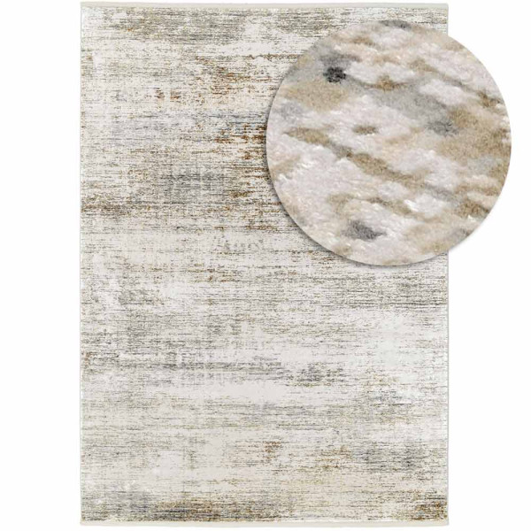 Moderner Teppich in Creme-Grau mit 3D-Effekt. Der Teppich hat eine strukturierte Oberfläche und wird in verschiedenen Größen angeboten. Er eignet sich ideal für stilvolle Inneneinrichtungen.