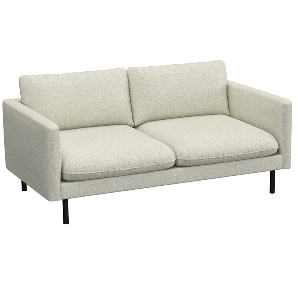 Graues Sofa mit zwei breiten Kissen und schmalen Armlehnen steht auf schlanken, schwarzen Beinen. Das Design ist modern und schlicht, geeignet für verschiedene Wohnstile.