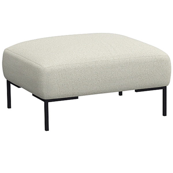 Beige Hocker SAVA mit quadratischem Polster und schwarzem Metallgestell steht auf einem Boden. Der Hocker eignet sich zur individuellen Gestaltung und wird professionell gefertigt.
