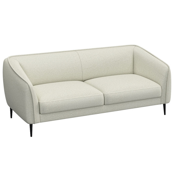 Graues Sofa mit abgerundeten Armlehnen und zwei Polsterkissen auf den Sitzflächen steht auf schmalen, schwarzen Beinen. Es eignet sich für individuelle Anpassungen und ist als Wunschsofa erhältlich.