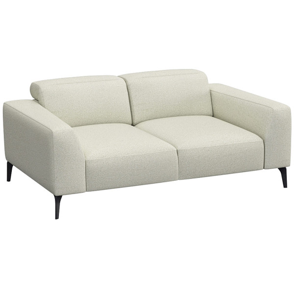 Schwarzes Sofa VOLUZZI mit modernen Designs, zwei Sitzflächen und geraden Armlehnen steht auf schmalen Füßen. Es ist für individuelle Gestaltung und hochwertige Materialien konzipiert.