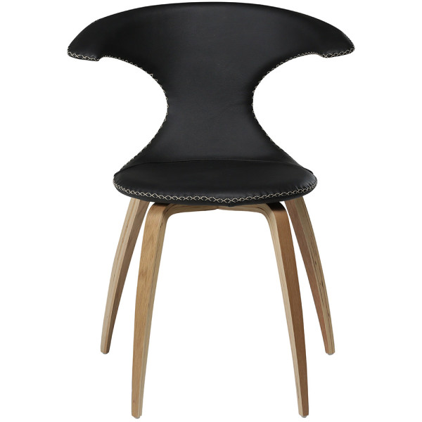 Schwarzer Stuhl mit einem einzigartigen Design aus Kunstleder und Holzbeinen. Der Stuhl Flair hat eine markante Rückenlehne und eignet sich für moderne Inneneinrichtungen.