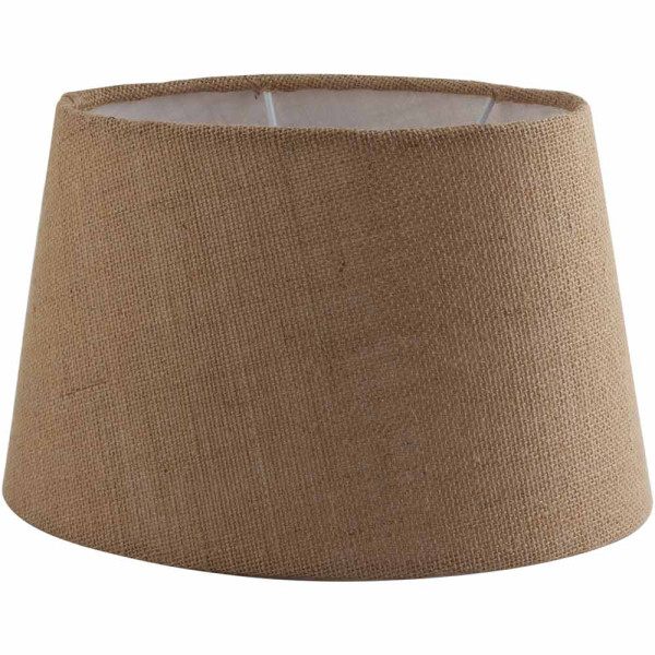 Ovaler Lampenschirm aus Jute in natur mit einem Durchmesser von 29 cm steht auf einer flachen Oberfläche. Der Lampenschirm ist hellbraun und hat eine strukturierte Oberfläche.