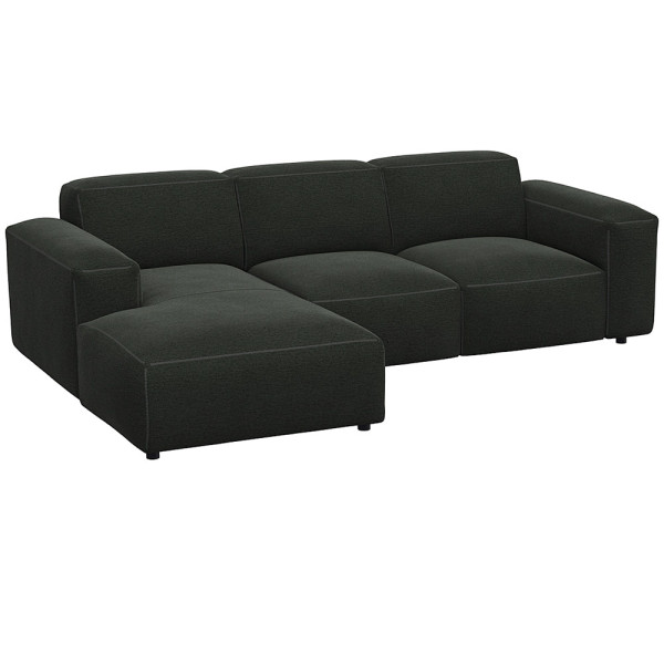 Graues Sofa LUCERA mit Chaiselongue. Es besteht aus hochwertigen Materialien und bietet eine moderne, komfortable Sitzgelegenheit für Wohnzimmer. Das Design ist geradlinig und ansprechend.