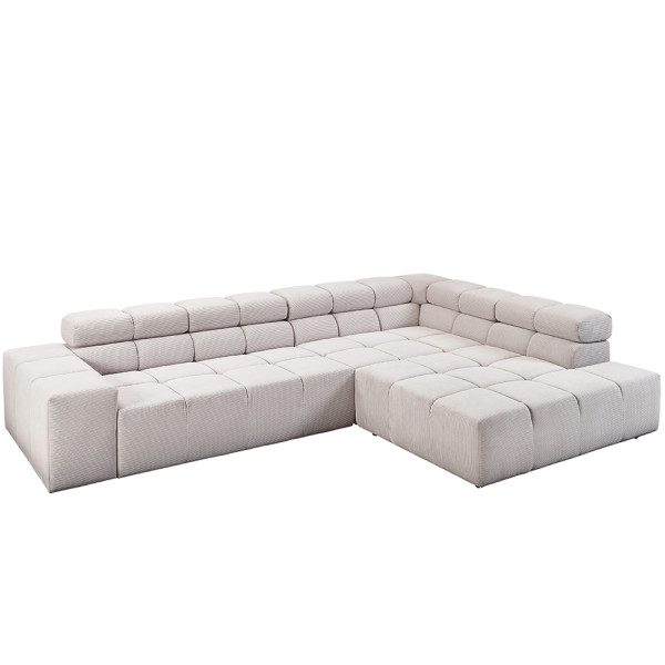 Moderne Cordsofa Oregon in hellem Farbton. Das Sofa hat eine U-Form mit gepolsterten Sitzflächen und Rückenlehnen. Es eignet sich für entspannte Stunden im Wohnbereich.