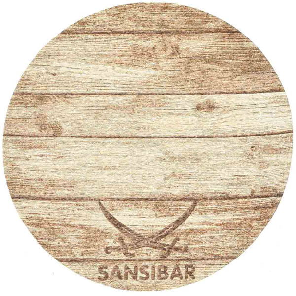 Runder Teppich aus strapazierfähigem Flachgewebe in Holzoptik. Auf der Oberfläche ist der Schriftzug 